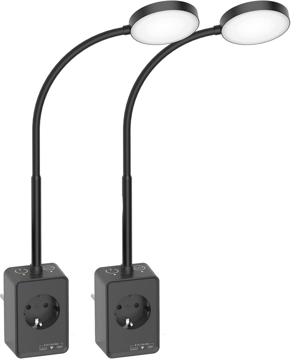 Set van 2 LED Wandlampen voor Nachtkastje met USB-A, USB-C en Stopcontact, Dimbaar Zwart