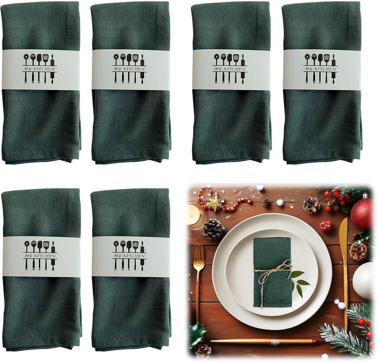Set van 6 Groene Stoffen Servetten 40x40 cm Wasbaar Linnenlook voor Tafeldecoratie