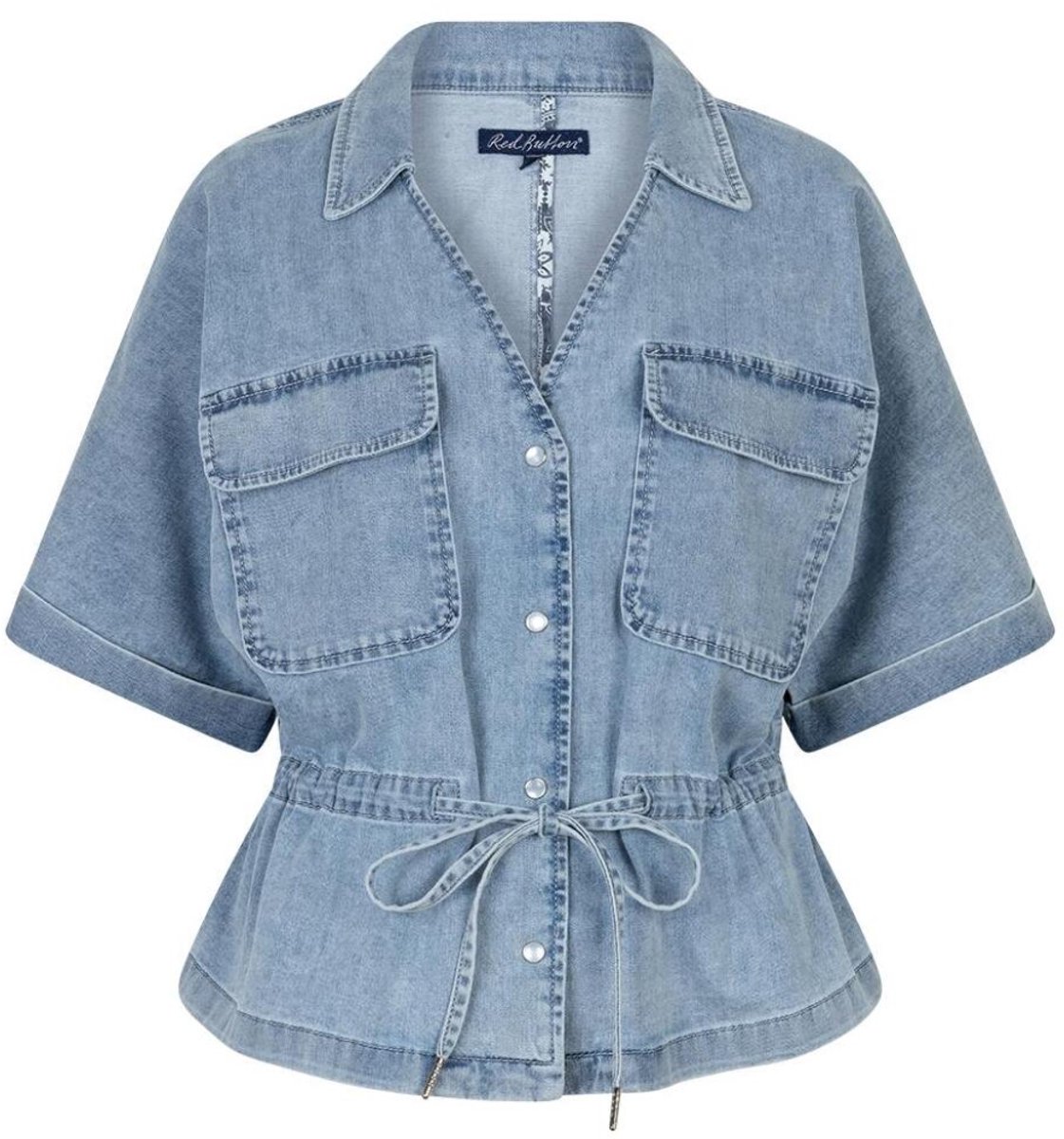 Red Button Blouse Drew Drawstring Denim Srb4869 Light Stone Dames Maat - L