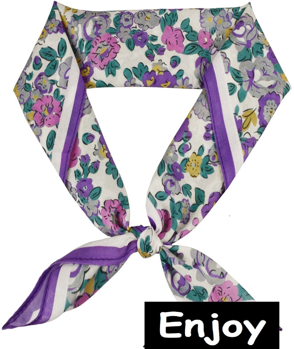 sjaaltje - paars -gebloemd- vierkant 70 cm bij 70 cm- katoen - voor om je hals of haar- bandana