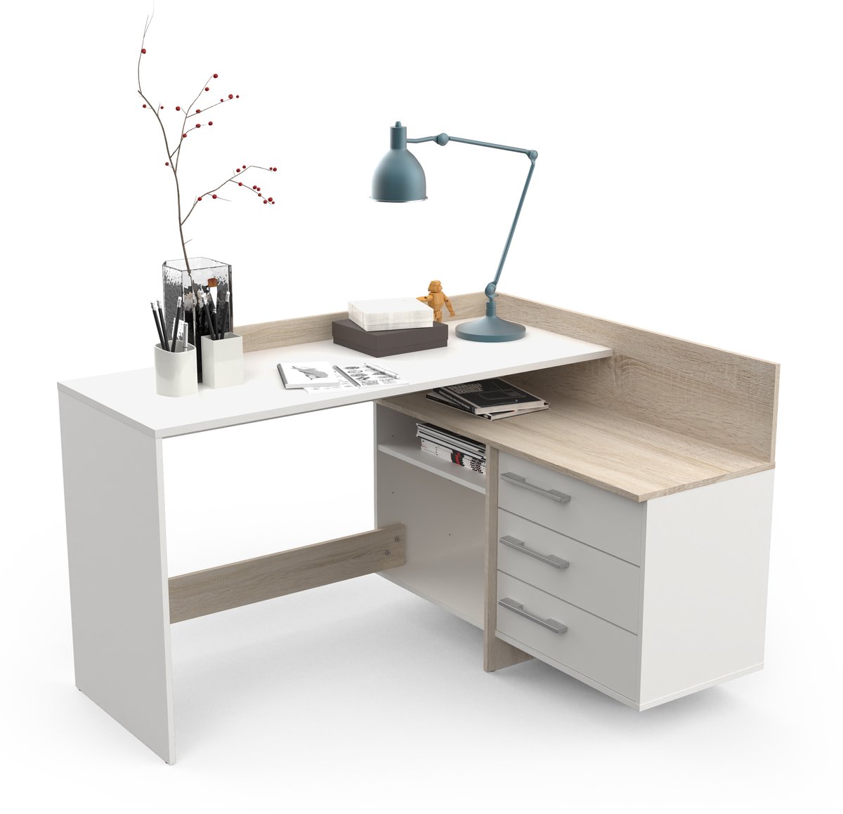 Hoekbureau Thales 129 cm breed wit met eiken