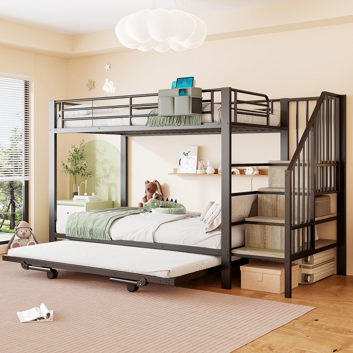 Sweiko Stapelbed - 90 x 200 cm - Metalen frame - Met uitschuifbaar bed - Opbergruimte - Zwart