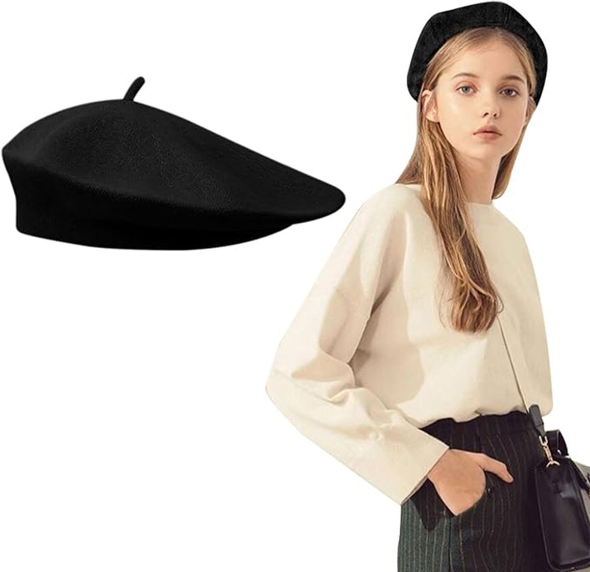 Beret hoed, klassieke prima kleur Franse beret hoed, dames beret hoed, klassieke kunst beret hoed, winter hoed beret hoed, één maat, zwart (Convient pour un tour de tête de 56 à 58 cm)