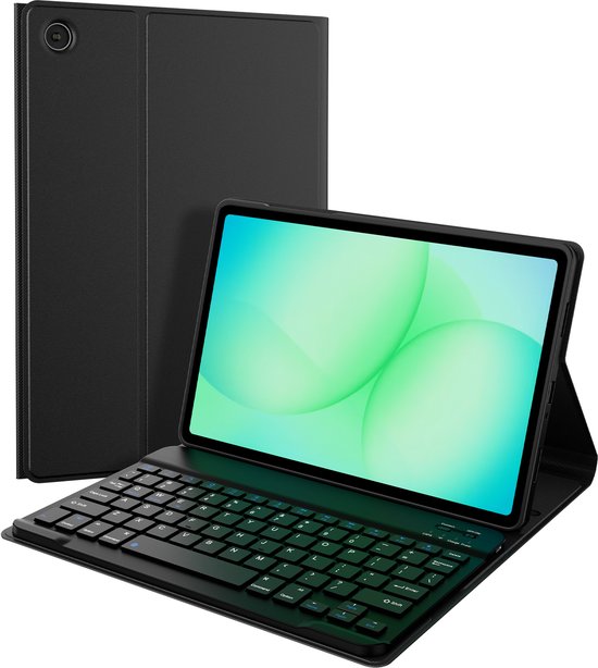 Zwarte, gesloten hoes voor een tablet, met een opengeklapt toetsenbord ervoor.