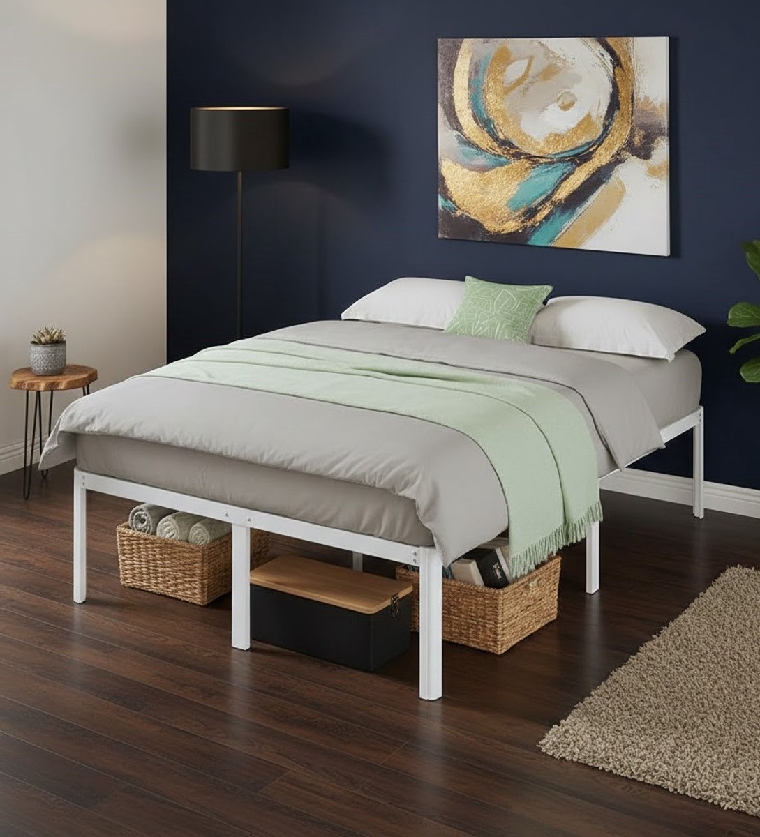 House & Graden Metalen Bed 140x200 cm met 40 cm Opbergruimte & Lattenbodem – Industrieel Design – Zwart/Wit – 300 kg Draagkracht | House & Graden