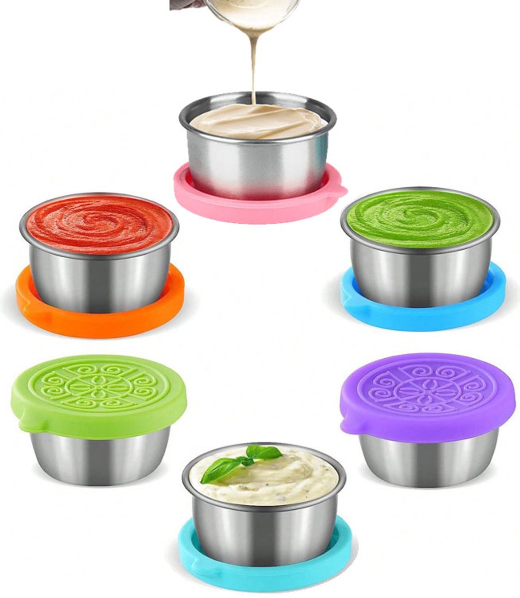 Mini Vershoudbakjes - 6 Stuks - RVS Snackbox - To Go Dressingpotjes 40ml - Duurzame Snackdoosjes - Herbruikbare Diepvriesbakjes - Lunchbox Seal cup - Voorraaddoosjes Met Deksel - Dressing Bakje - BPA Vrij - Lekvrij - Voor Dips/Salade/Specerijen Enz