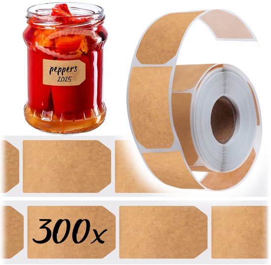 Glazen pot met ingemaakte pepers, naast een rol met bruine, gekartelde etiketten. Daaronder een rol met bruine, rechthoekige etiketten met '300x'.