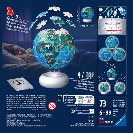 Ravensburger - Aarde met Diermotieven - 3D Puzzle-Ball Nachtlicht - 73 Stukjes van Merkloos — afbeelding 3