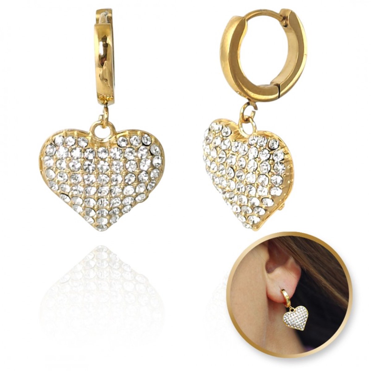 Hartje oorbellen met steentjes 14k goud verguld/ elegant/ luxe/ chique/ stijlvol sieraad/ liefde/ verjaardags cadeau/ sOwiesO shop/ roestvrij staal/