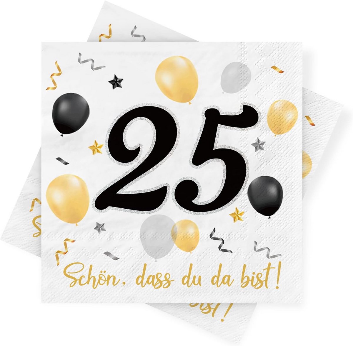 Luxe Zwarte Gouden Servetten 25e Verjaardag - 30 Stuks - 3-Laags Papier