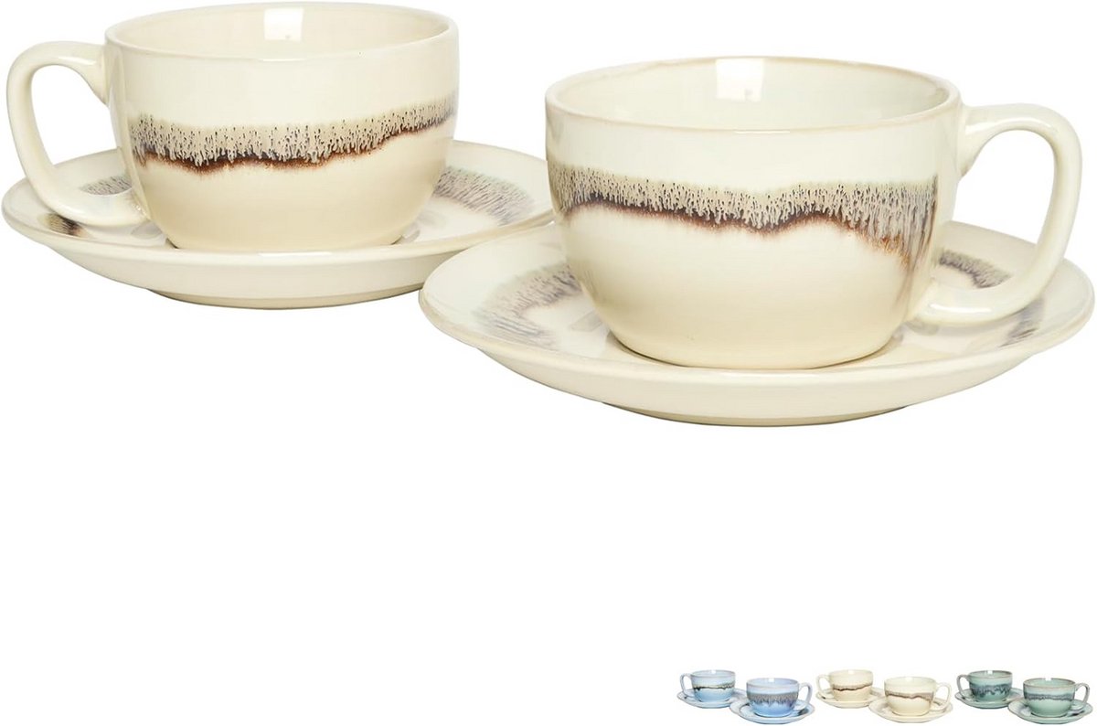 Set van 2 Cappuccino Kop en Schotels, 300ml, Keramiek, Geschikt voor Vaatwasser en Magnetron
