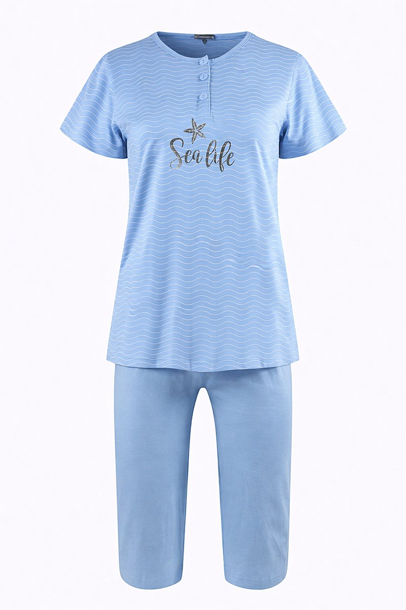 Cocodream Quality Dames Pyjama - Katoen - Zomer - 3/4 broek - Lichtblauw Gestreept Lichtblauw, gestreept