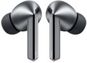 Linker en rechter Samsung Galaxy Buds3 Pro, zilverkleurig, met zwarte oordopjes.