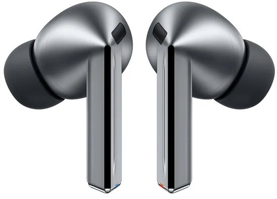 Linker en rechter Samsung Galaxy Buds3 Pro, zilverkleurig, met zwarte oordopjes.