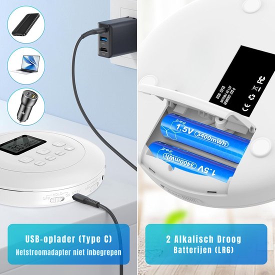 Discman - Draagbare cd-speler - Persoonlijke cd-speler - Wit - 22 cm x 18 cm x 5 cm — afbeelding 3