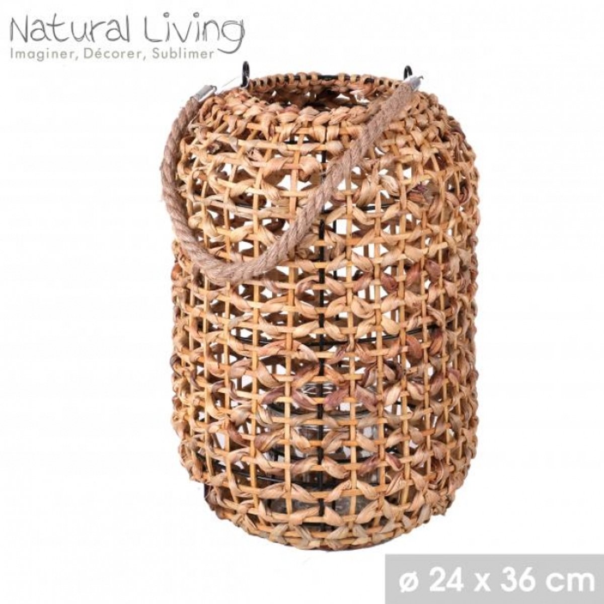 "NATURAL LIVING" Lantaarn Malaga in rotan met glazen kaarshouder D24xH36cm