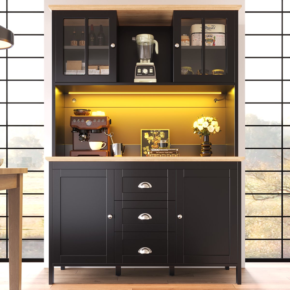 MODFU Opbergkast - Hoge Kast Met Ledverlichting - 4 Deuren En 3 Lades - Met Open Vak En Kabelbeheer - Mdf Metaal - Zwart - 120 X 40 X 179 Cm