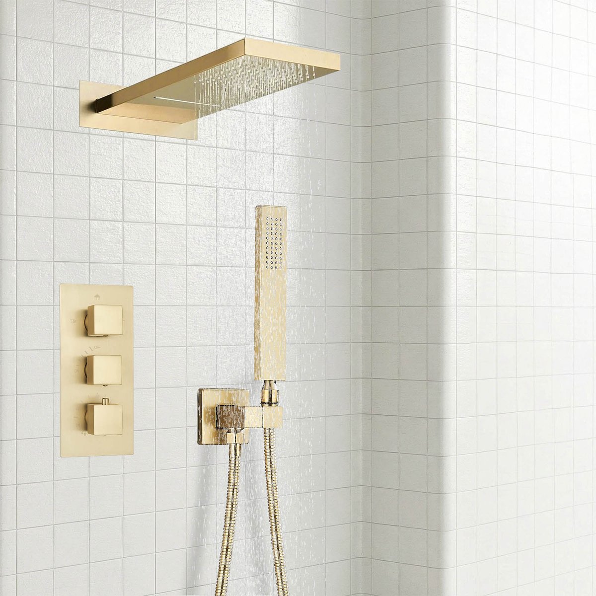 Inbouw Regendouche Set Geborsteld Goud met Thermostaatkraan - Vierkante Douchekop met Handdouche en Anti-Twist Slang - Waterbesparend Douchesysteem voor Badkamer