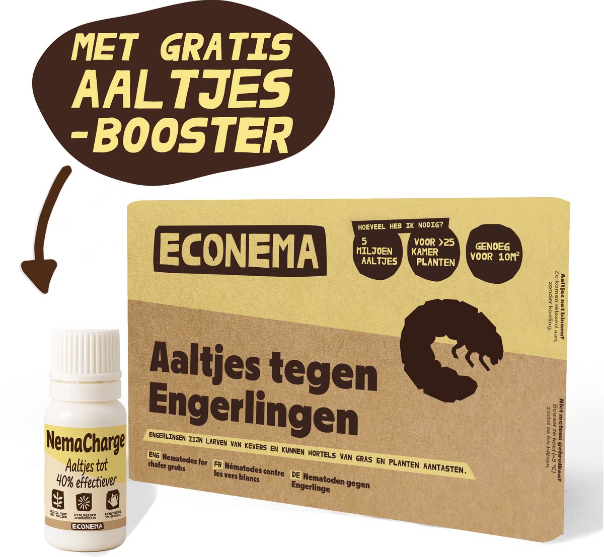Aaltjes tegen Engerlingen – 10 m² – Nu met Aaltjes booster – Biologisch larven bestrijden in gazon – gele plekken & loslatend gras bestrijden