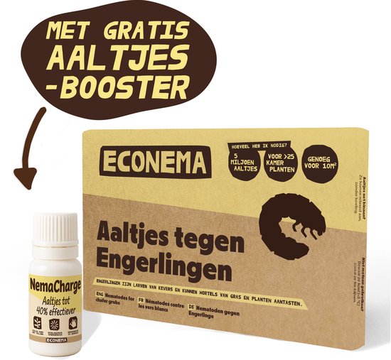 Doos 'Aaltjes tegen Engerlingen' en flesje NemaCharge met gratis booster. Text: 'Met gratis aaltjes-booster'.