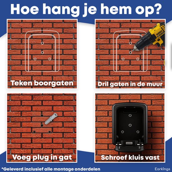Stappenplan voor het installeren van een sleutelkluis: teken boorgaten, boor gaten, voeg plug in gat, schroef kluis vast.