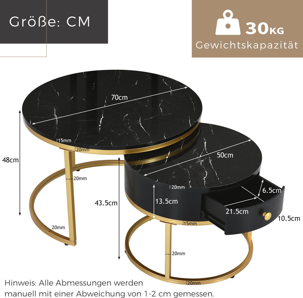 STILVORA Salontafelset - Nestbare Ronde Bijzettafels Met Hoogglans Marmerpatroon - Voor Woonkamer En Balkon - MDF - Zwart