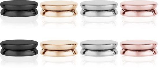Twee rijen van vier ronde, platte magnetische clips in zwart, goud, zilver en roségoud.