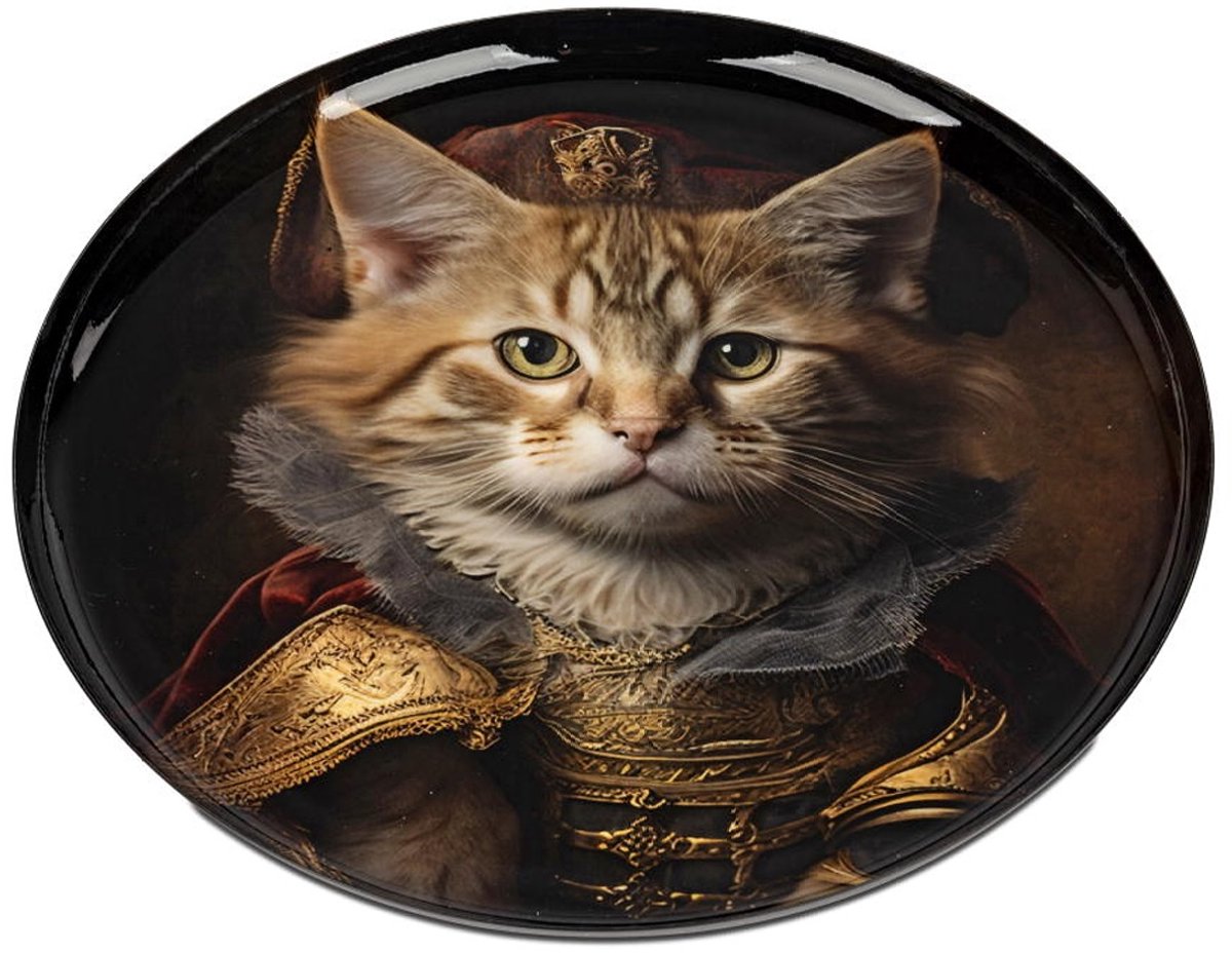 Schaal - Bord - Kat - Decoratie - Ø 28cm - Glans - Metaal - Hoogte 2 cm - Beschilderd.