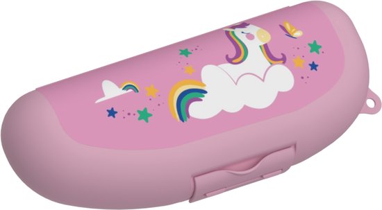 Roze bananendoos met eenhoorn en wolk afbeelding, sterren en een vlinder. Met clipsluiting.