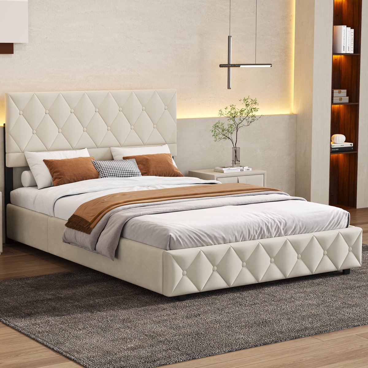 FloraGrace Opbergbed 140x200 - Gestoffeerd Bed - Tweepersoonsbedden - Stevig Bedframe - Veel Opbergruimte - Beige