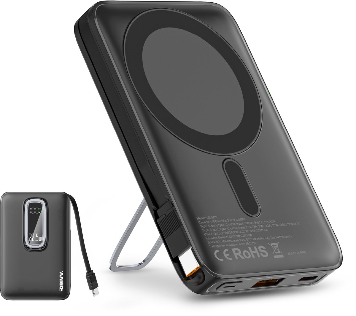 Powerbank 10.000 mAh geschikt voor MagSafe met USB C Kabel - 3 in 1 Ontwerp - 22.5W Draadloze Powerbank - Inclusief 60W Oplaadkabel - Snellaadfunctie - USB & USB C - Zwart