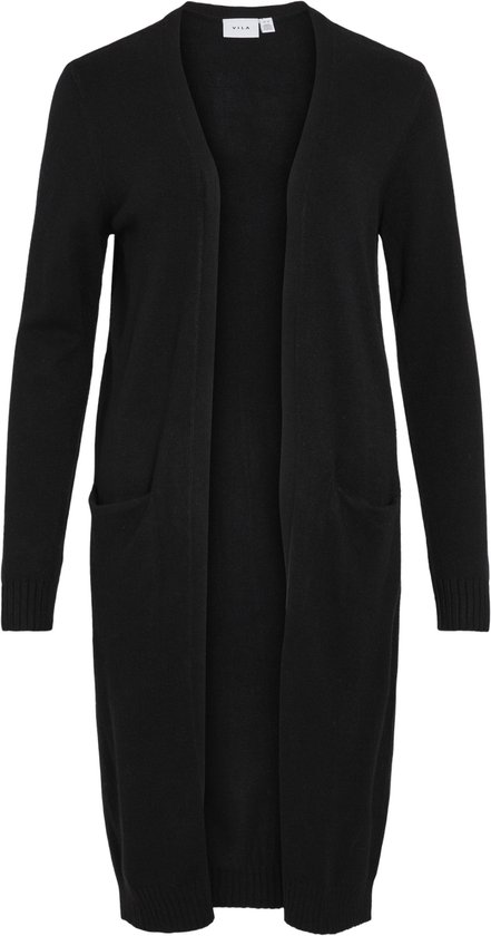 Zwart lang vest met lange mouwen, open voorkant en twee steekzakken.