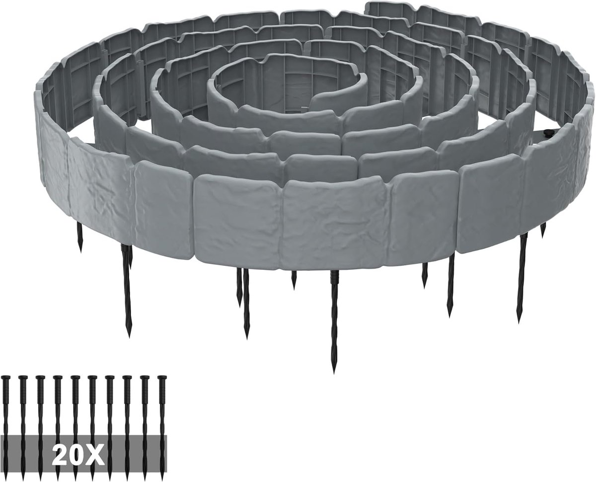 T-Vormige Gazonrand - Kunststof - Pak Van 20 - Versterkte Pp-Palisades - Met Bevestigingsnagels - Weerbestendig - 5 m - Modulaire Tuinrand - Grijs - NAIZY