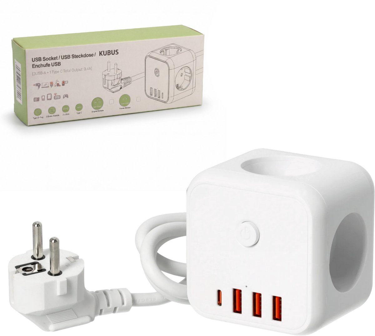 Kubus verdeelstekker met snoer - 1,6M - en USB poorten - stopcontact splitter - stekkerdoos - met schakelaar - 3 stopcontacten - 18 Watt USB-C poort - Wit