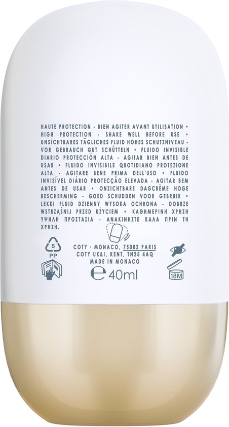 Achterkant van een Lancaster Sun Perfect AIR 50 SPF flesje met gebruiksaanwijzing en productinformatie.