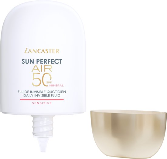 Lancaster Sun Perfect AIR SPF50 Sensitive Mineral fles met de dop ernaast.