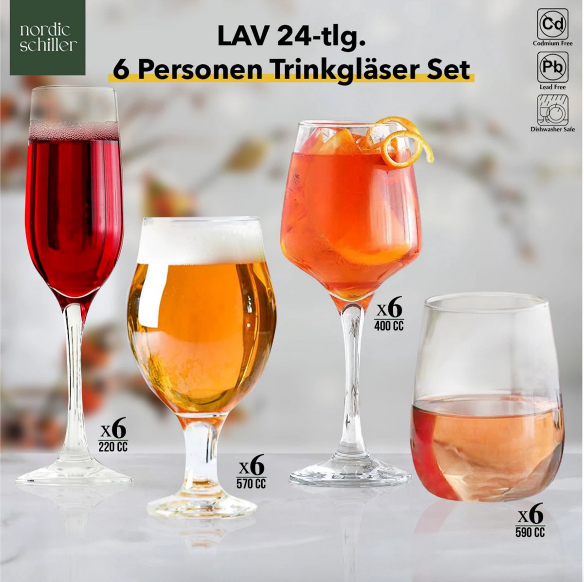 Drinkglazenset – 24-delig – 4 Modellen Glazen voor 6 Personen – Cocktail-, Bier-, Wijn- en Waterglazen – 220 ml / 400 ml / 570 ml / 590 ml – Vaatwasserbestendig