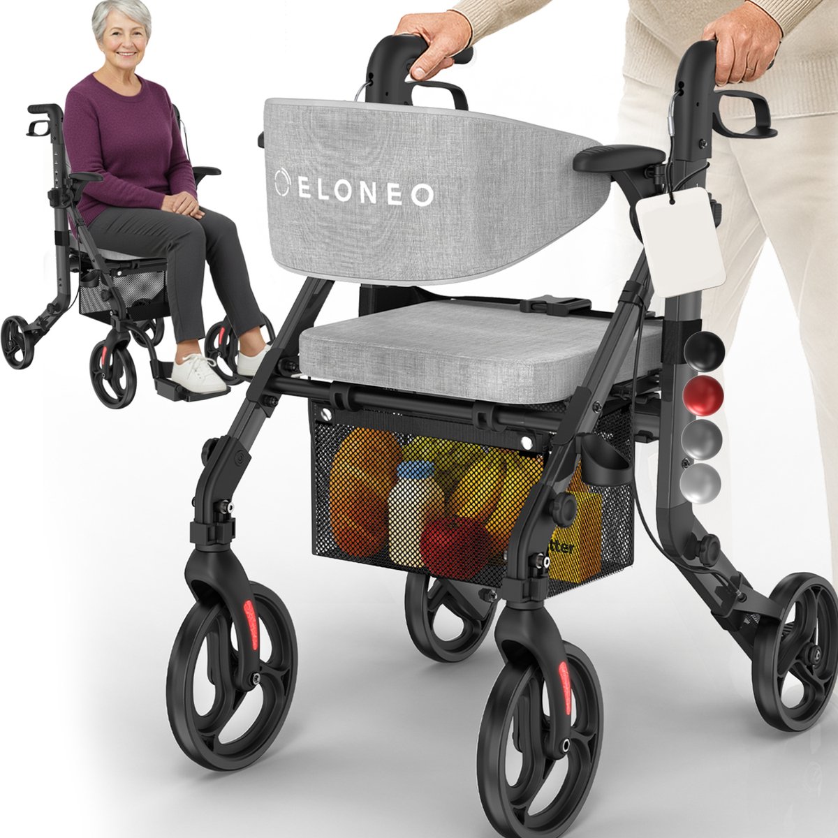 ELONEO 2-in-1 rolstoel en rollator – opvouwbaar, lichtgewicht met zitje, outdoor rollator voor alle terreinen, aluminium loophulp voor senioren met netzak, transportrolstoel, zwart