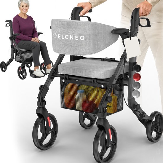 Grijze ELONEO rollator met zitje en mand, getoond door een vrouw in een paars vest.