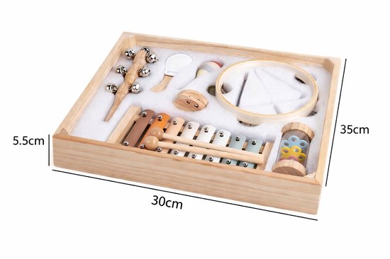 Houten muziekinstrumenten set in een houten kist van 30x35x5.5cm.
