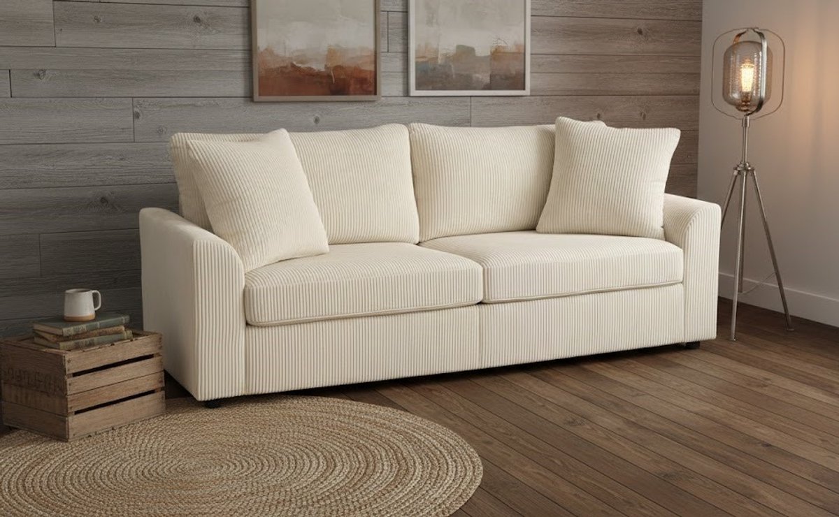 Luxueuze 3-zitsbank House&Garden | Comfortabele bank met armleuningen en sierkussens | Gestoffeerde corduroy loungebank met dikke bekleding | Woonkamer & slaapkamer | Tot 450 kg belastbaar | Crèmewit 212x80x88 cm