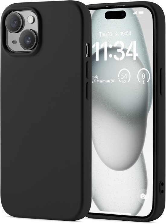 Coque noire pour iPhone 15 Plus à côté d'un iPhone affichant l'heure.