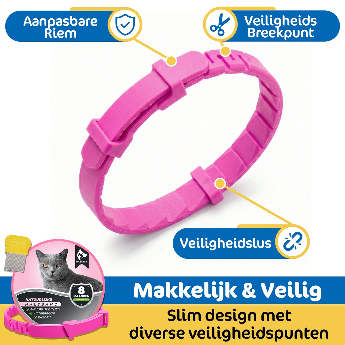 reSparkle Halsband Kat - Natuurlijk - Inclusief Vlooienkam - Roze – foto 3