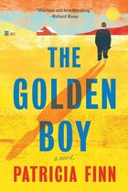 Boekomslag van "The Golden Boy" door Patricia Finn. Een man in een pak loopt weg van de kijker in een gouden veld onder een oranje lucht.