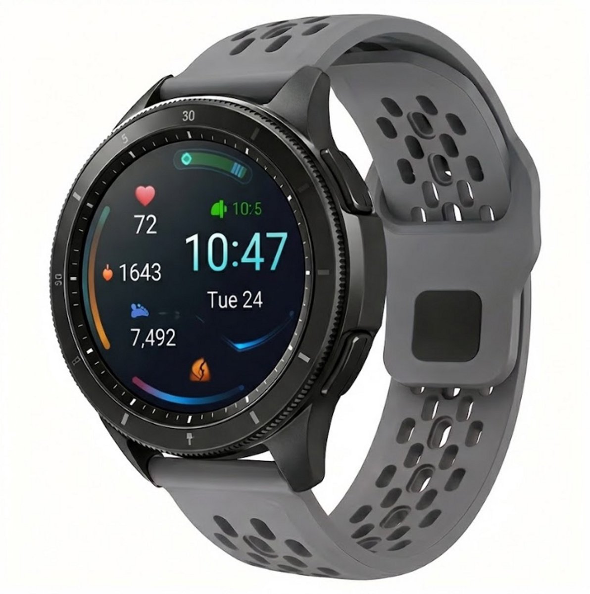 Spacegrijs horlogebandje 22 mm van silicone met geperforeerd sportief design en gesp sluiting, geschikt voor horloges met 22 mm bandaanzet