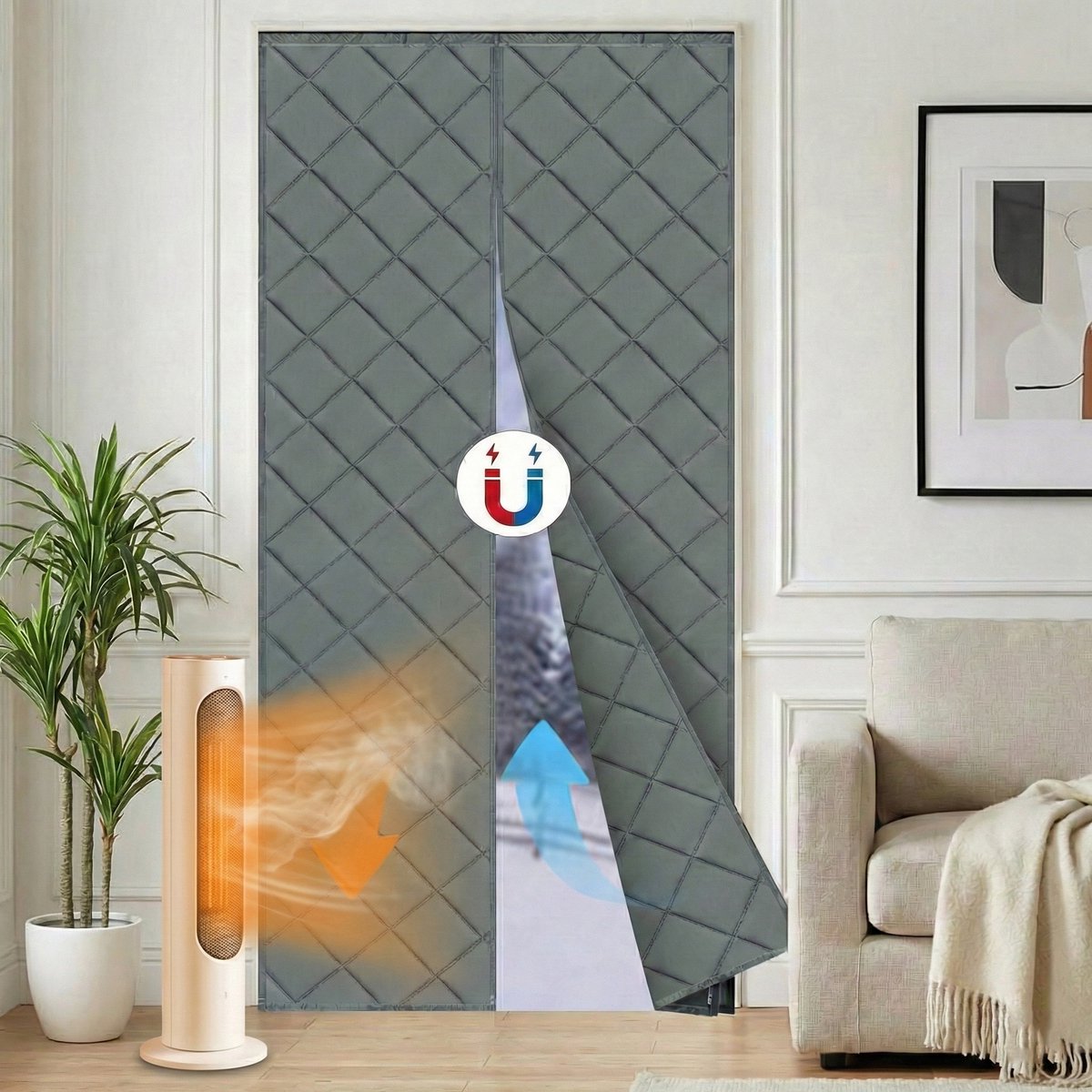 MUPOO Isolerend Magnetisch Deurgordijn & Tochtgordijn Extra Dik (540GSM) - Zelfklevend ,Thermisch ,Waterdicht & Winddicht -Veiligheid van huisdieren- voor Tuindeur & Trappengat - 90x210cm - Grijs-2 stuks