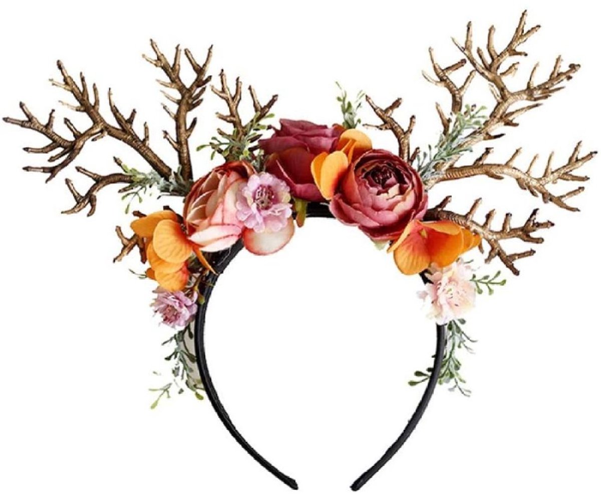 JeiibrZui Rendiergewei Hoofdband - Kerst Haaraccessoires - Lichtgewicht Met Bloemen En Kunstblad - 1 Stuk - Voor Kinderen En Volwassenen