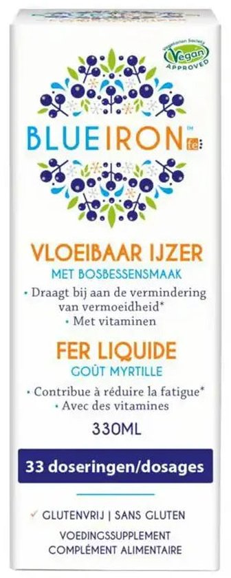 Doos van Blueiron vloeibaar ijzer met bosbessensmaak, 330 ml. De doos heeft bosbesillustraties.