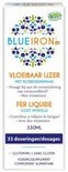 Doos van Blueiron vloeibaar ijzer met bosbessensmaak, 330 ml. De doos heeft bosbesillustraties.