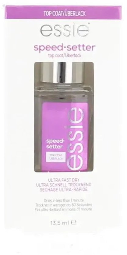 Essie Speed Setter Top Coat nagellak in verpakking. De verpakking is wit met paarse accenten en bevat de tekst 'ULTRA FAST DRY'.